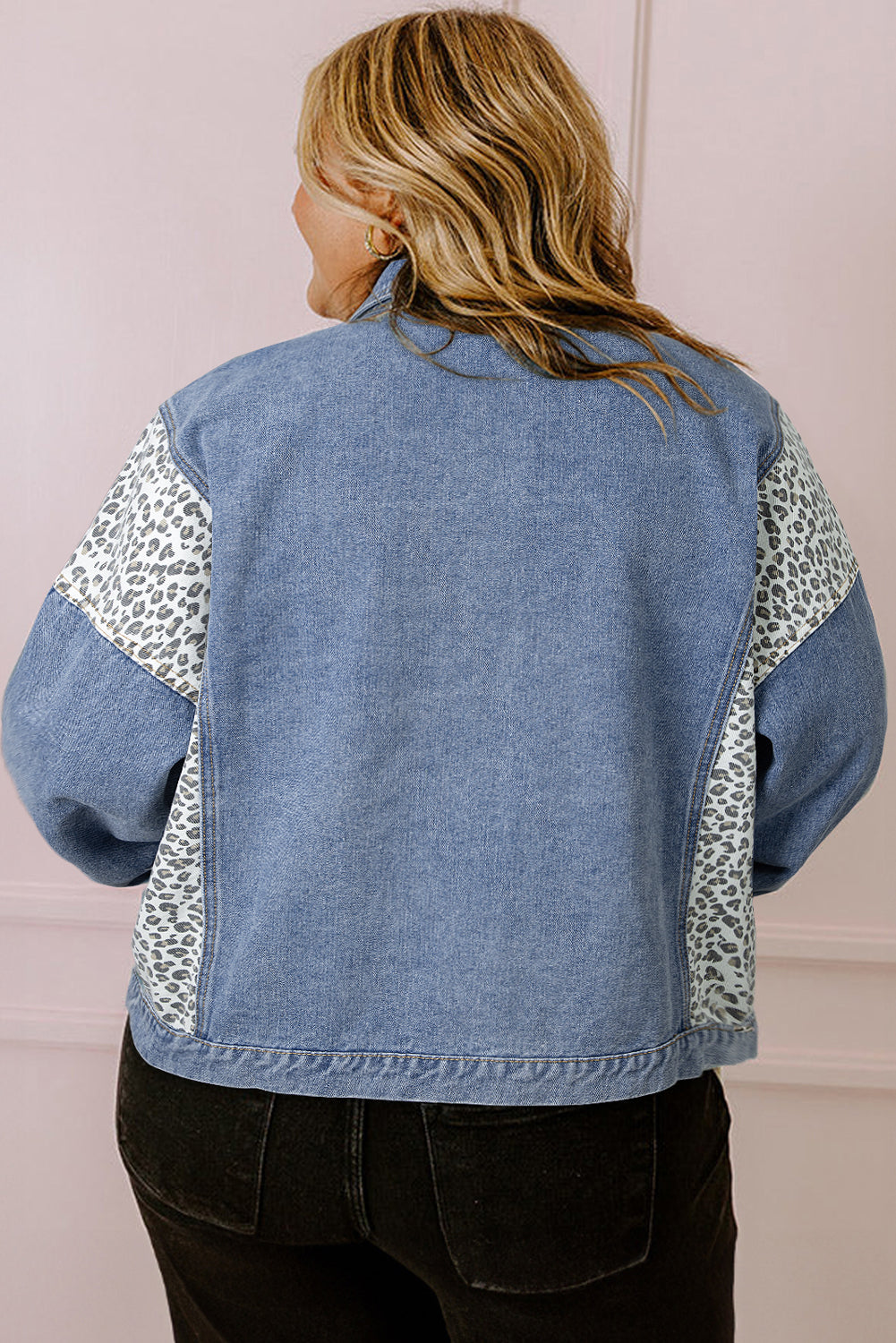Plus-Size Denim Jacket with Trendy Leopard Patchwork and Flap Detail