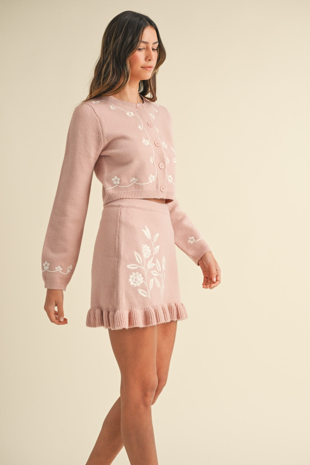 MABLE Floral Embroidered Crop Mini Skirt Set