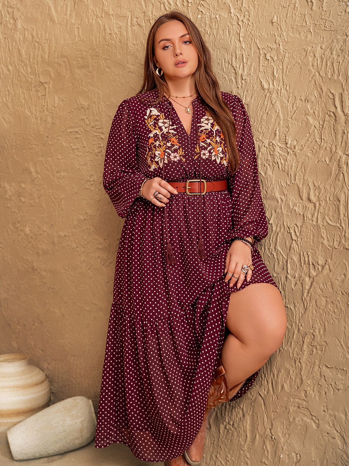 Boho Floral Embroidered Polka Dot Plus Size Midi Dress with Tie Neck