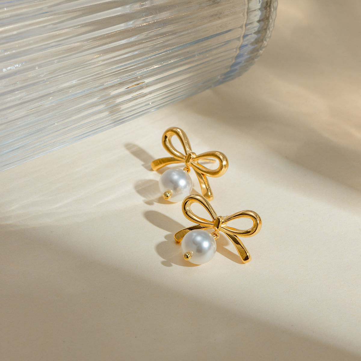 Stainless Steel Gold Bow Pearl Earrings