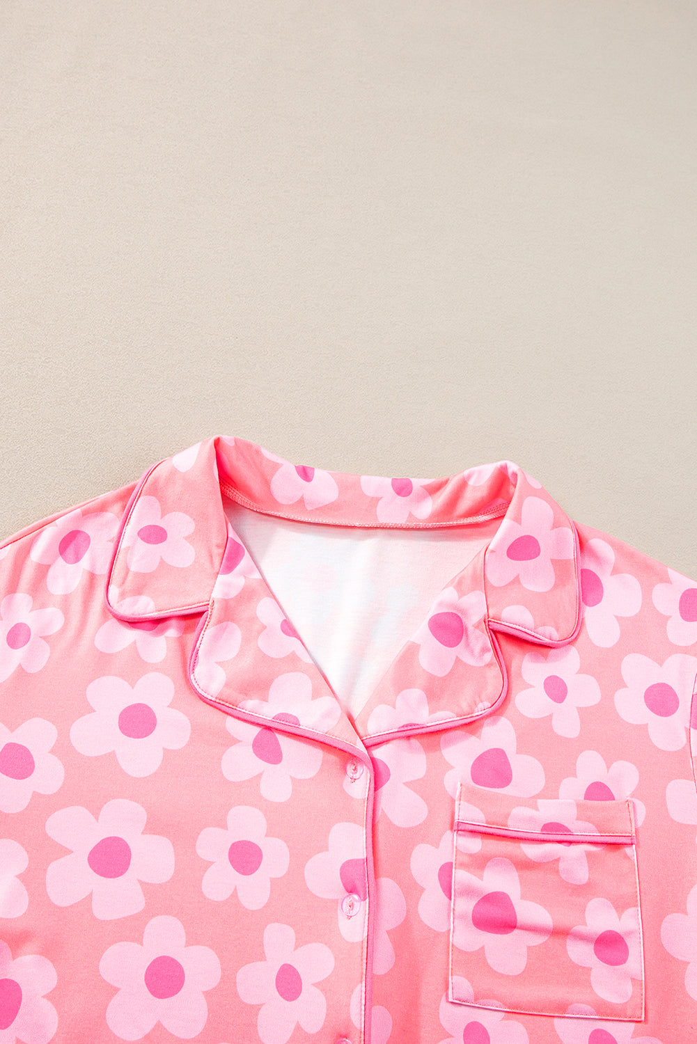 Pink Floral Print Short Sleeve Shirt Pajamas Set