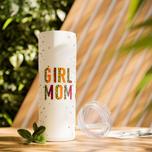 Girl Mom 20 oz Tumbler – Leopard Print & Glitter Design with Straw