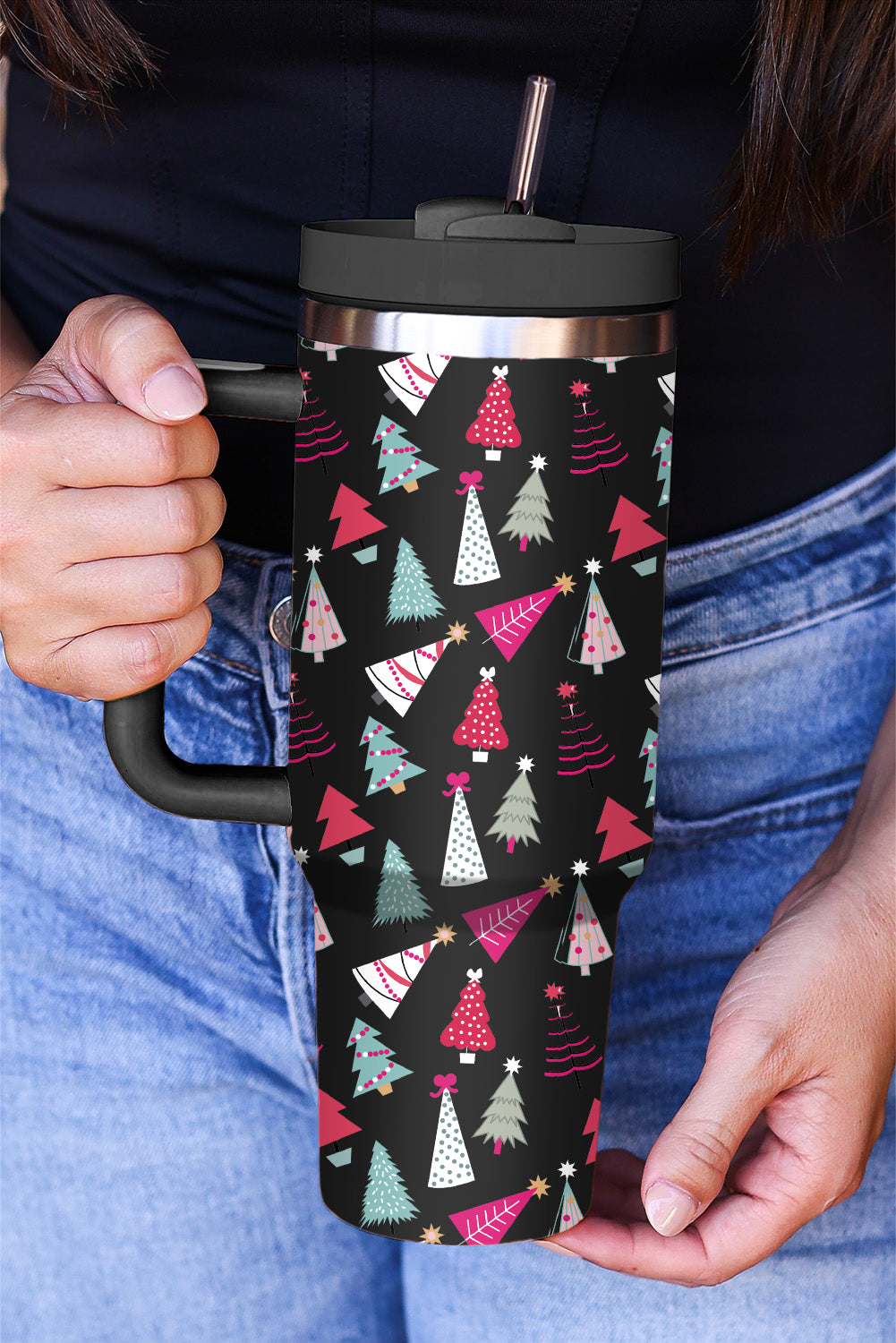 Black Cartoon Christmas Tree Printed 40oz Thermos Cup