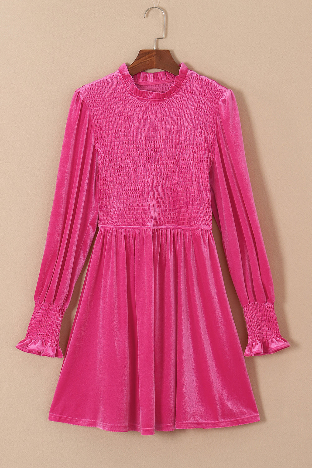 Red Smocked Lantern Sleeve Frilled Velvet Dress