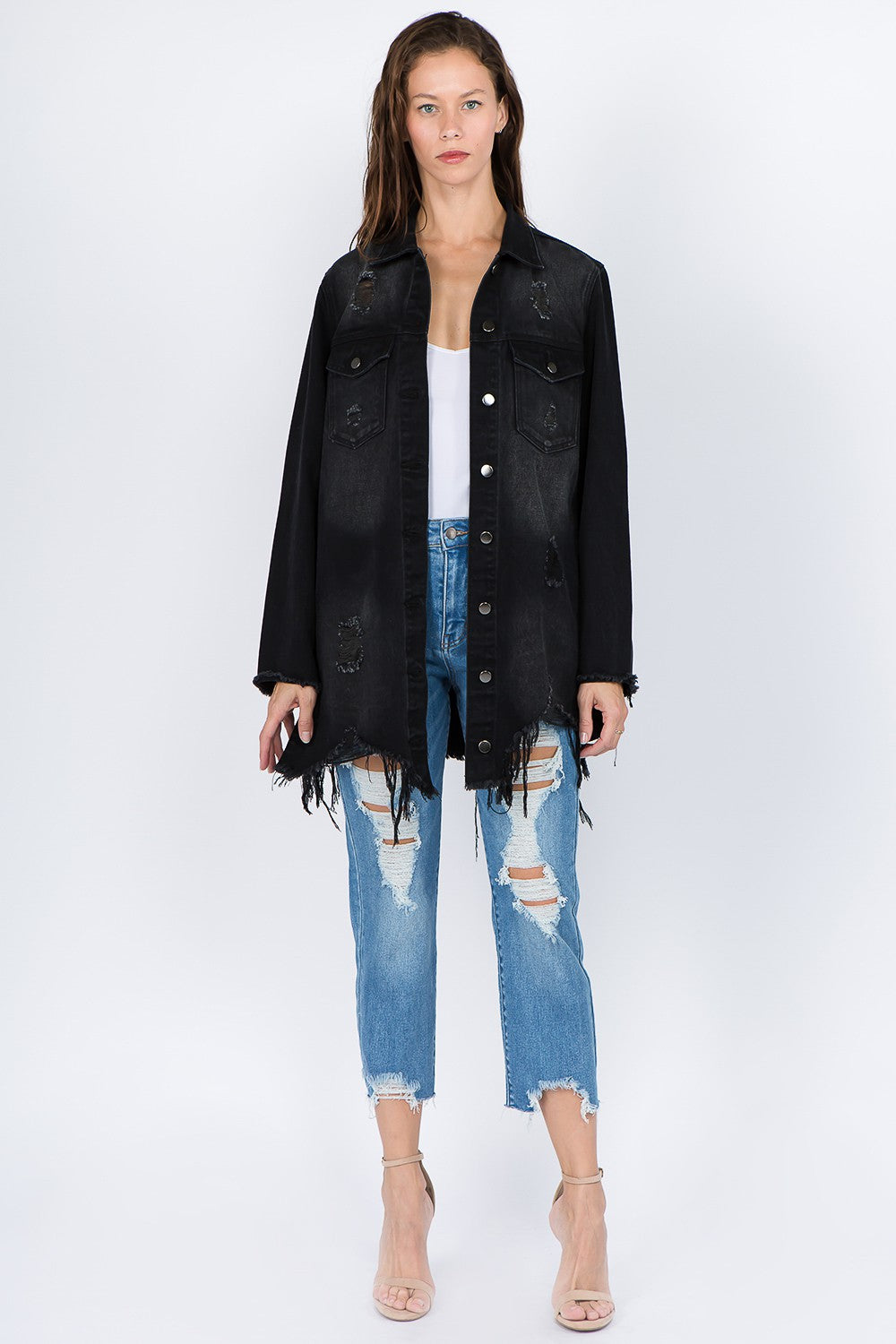 Trendy Distressed Frayed Hem Denim Jacket for Effortlessly Cool Style