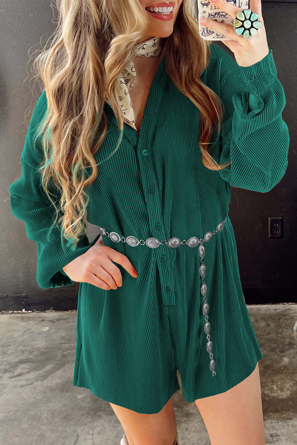 Cute Solid-Color Ribbed Textured Romper with Button-Up Closure
