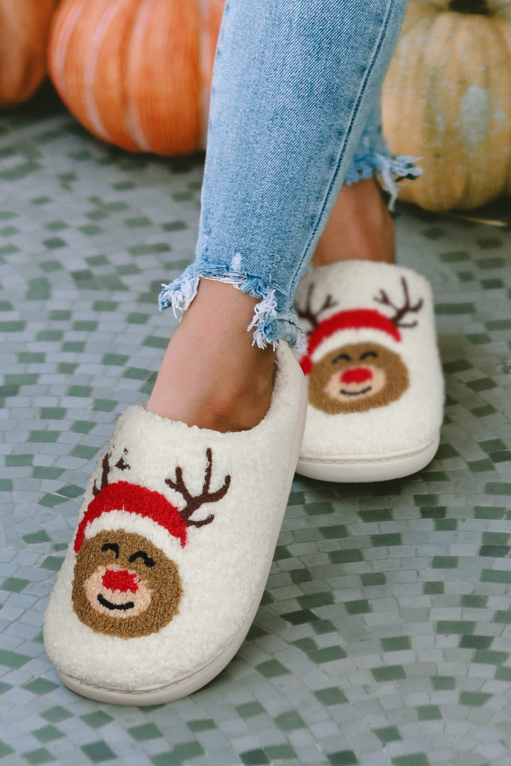 White Christmas Deer Plush Slippers