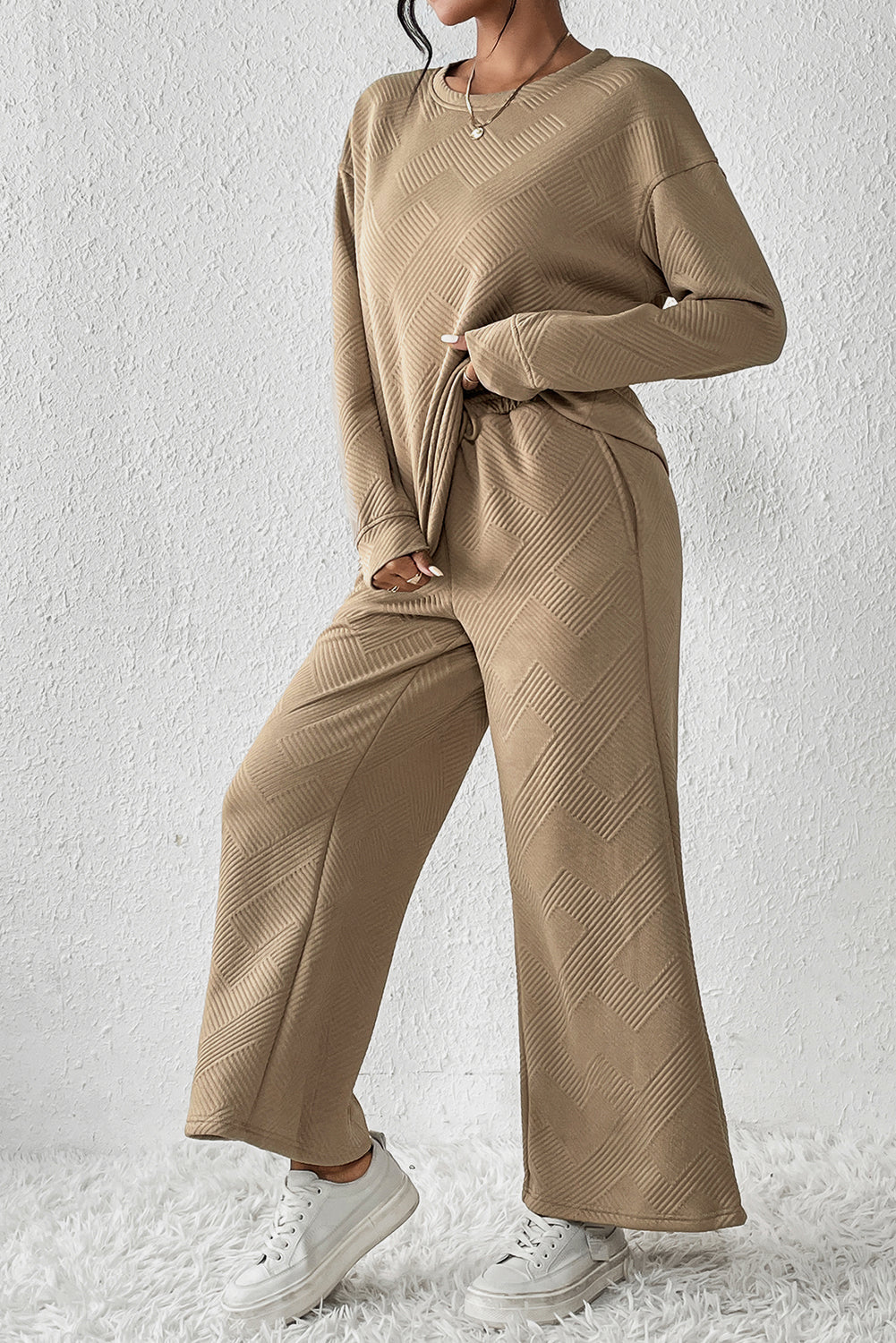 Textured Loose Slouchy Long Sleeve Top and Pants Set