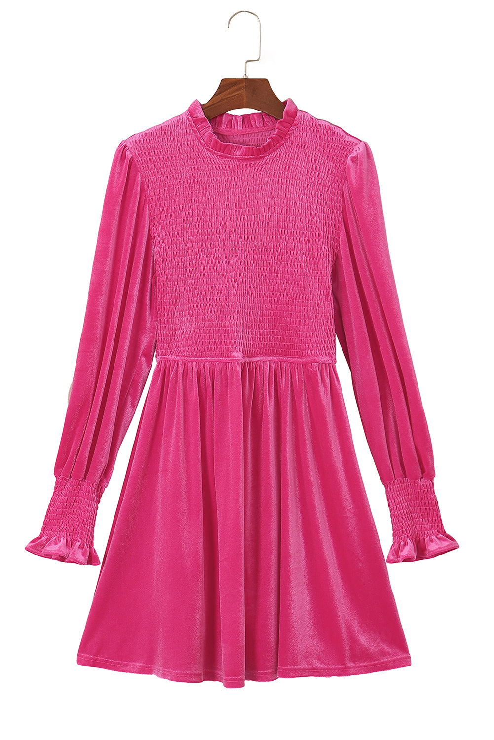 Red Smocked Lantern Sleeve Frilled Velvet Dress