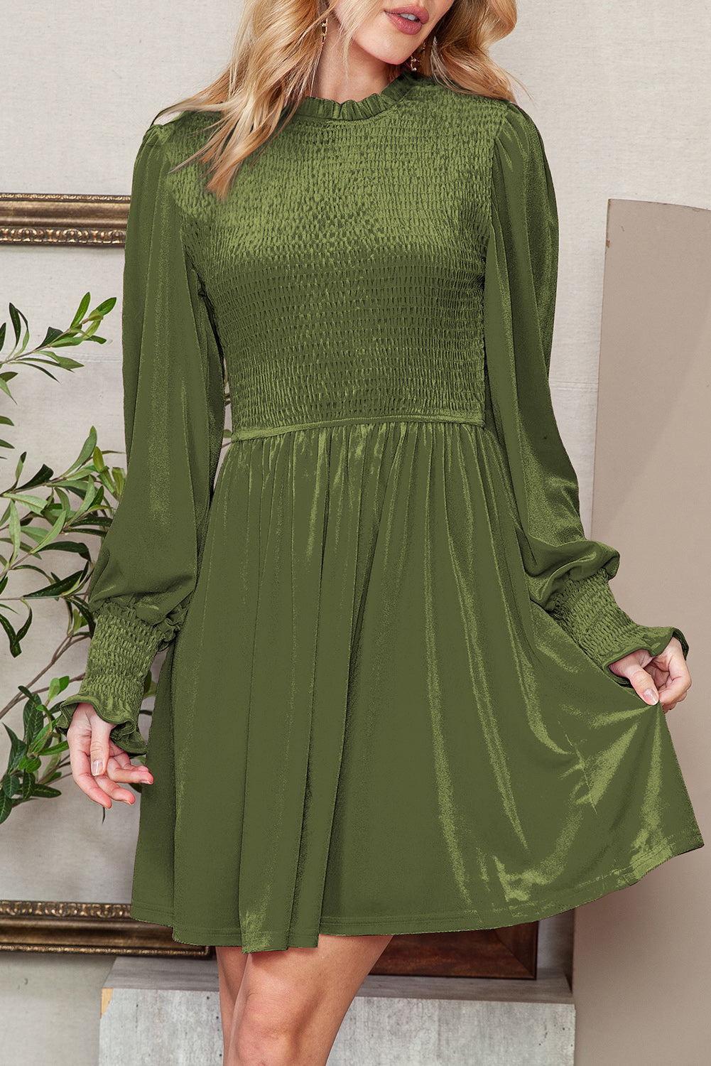 Red Smocked Lantern Sleeve Frilled Velvet Dress
