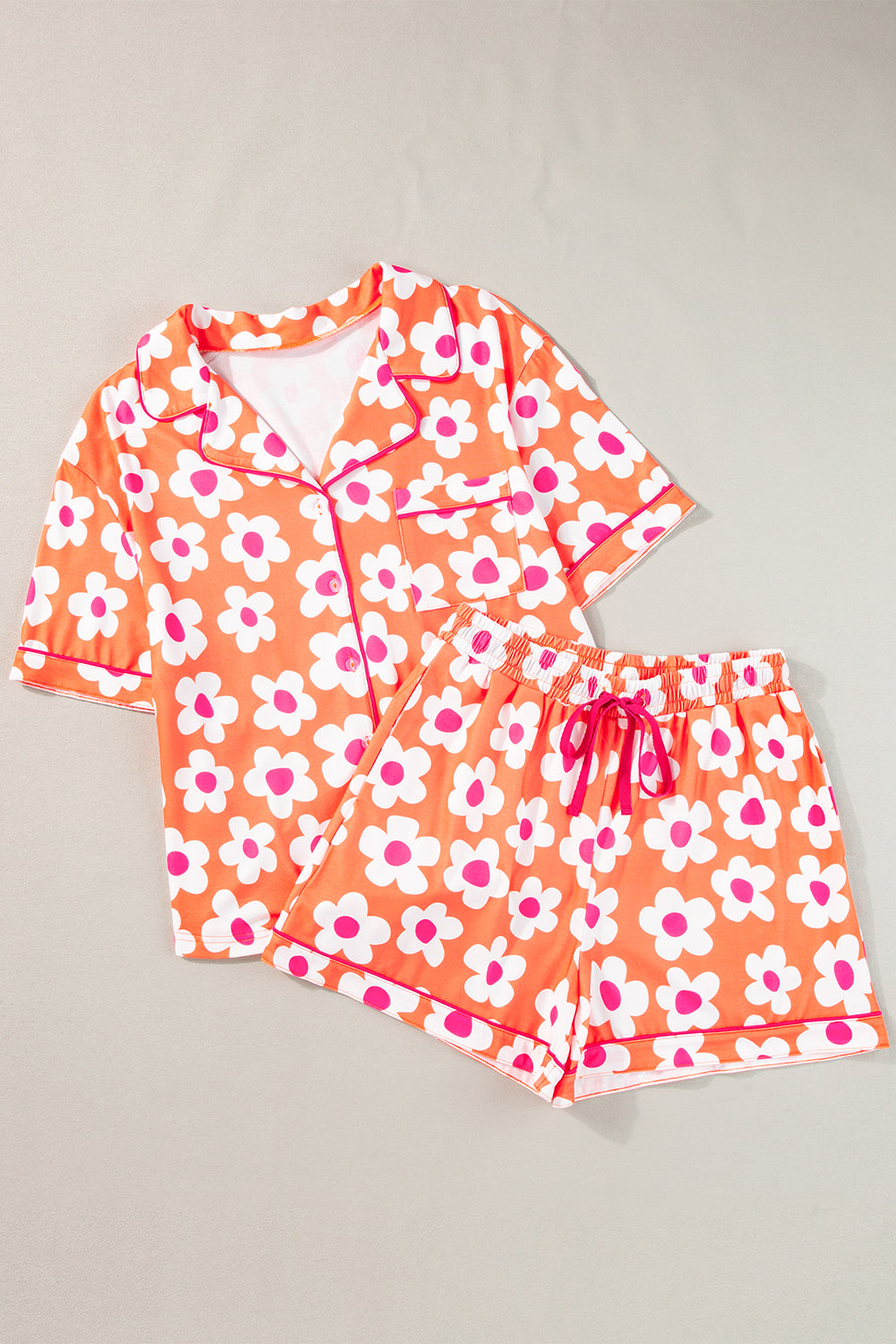 Orange Floral Print Short Sleeve Shirt Pajamas Set