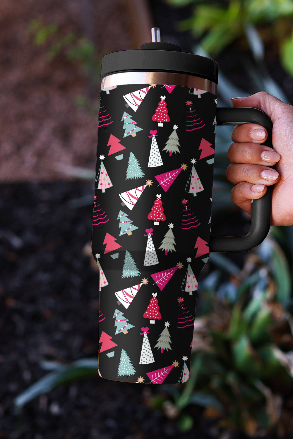 Black Cartoon Christmas Tree Printed 40oz Thermos Cup