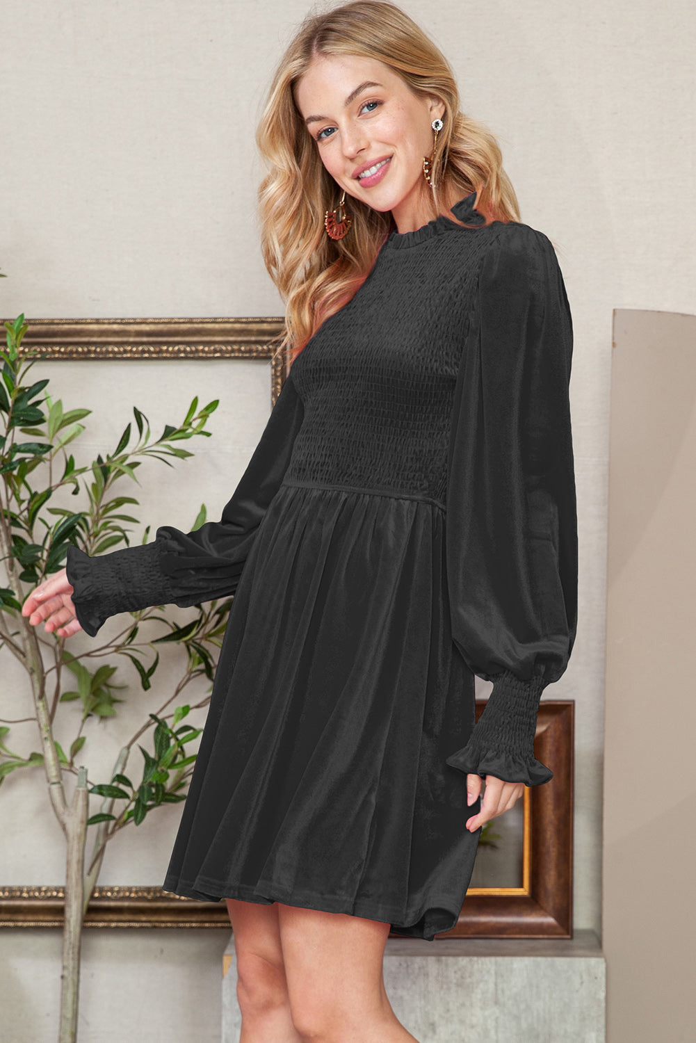 Red Smocked Lantern Sleeve Frilled Velvet Dress