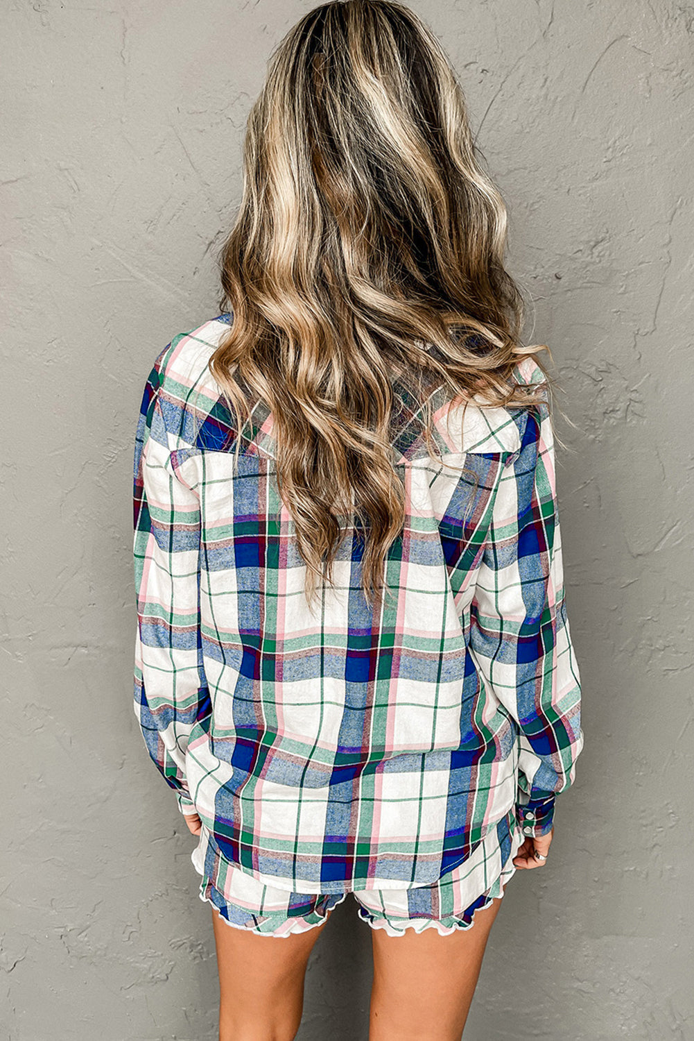 Blue Plaid Print Shirt and Shorts Lounge Set