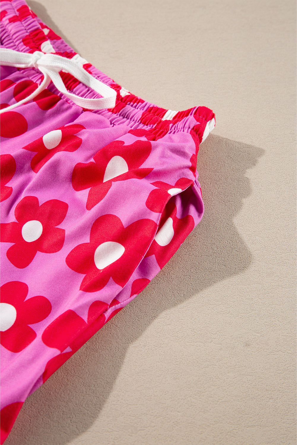 Pink Floral Print Long Sleeve Shirt Shorts Pajamas Set