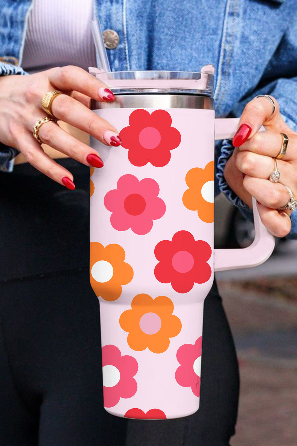 Flower Print Handled Stainless Steel Vacuum Cup 40oz