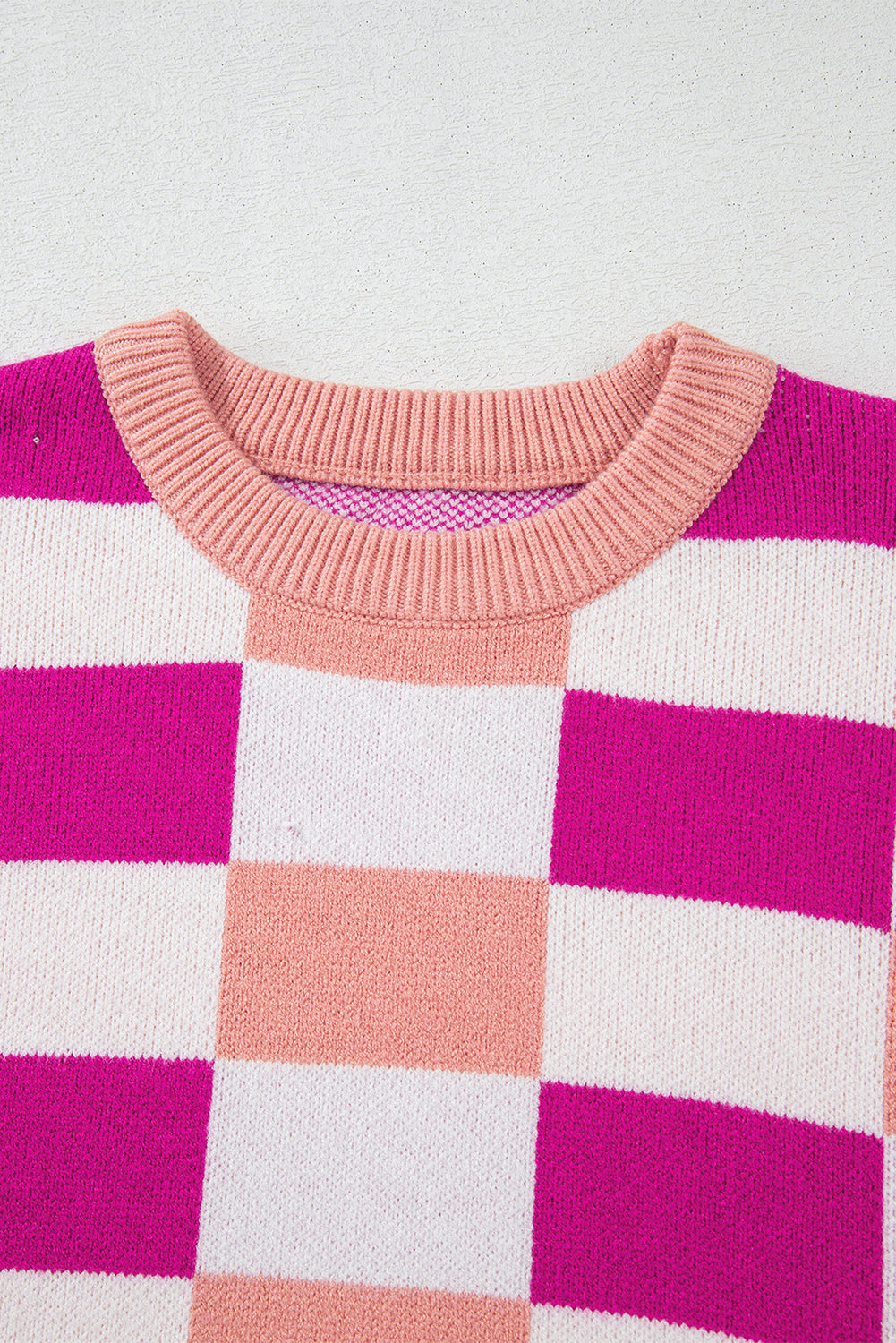 Pink Checkered Ribbed Edge Shoulder Sweater