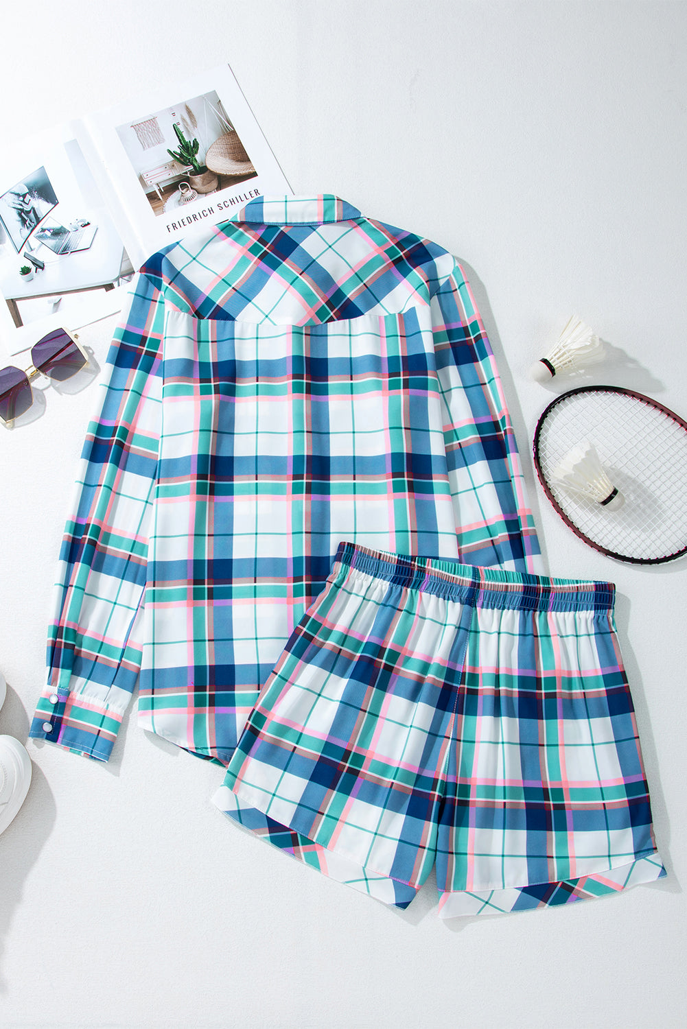 Blue Plaid Print Shirt and Shorts Lounge Set
