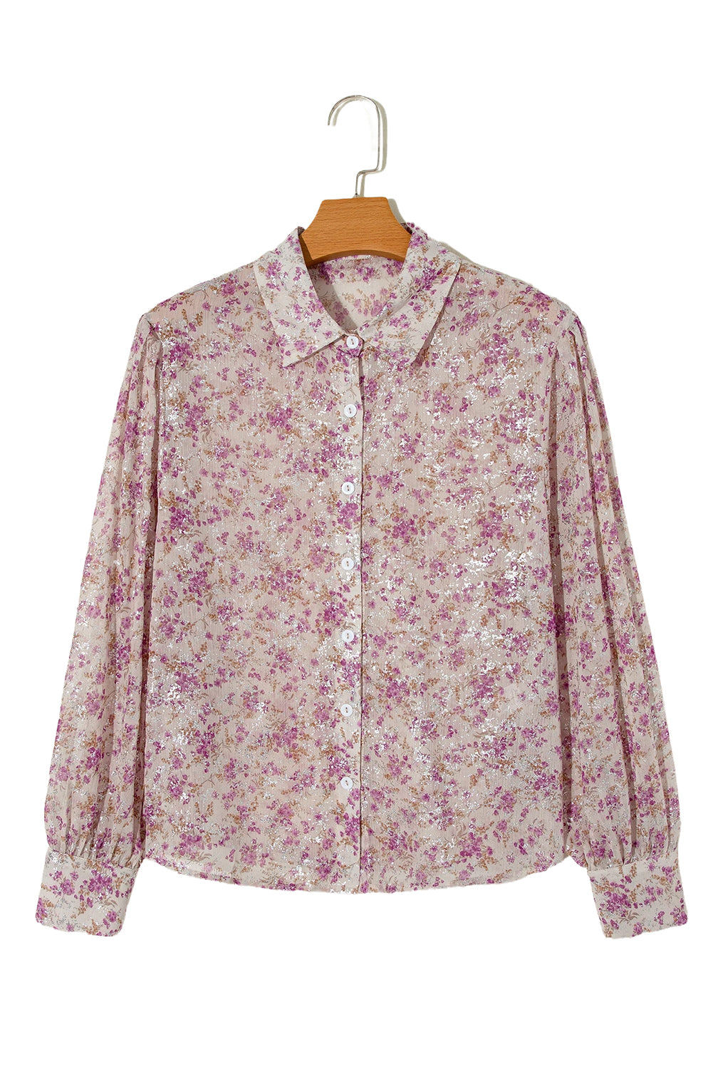 Pink Floral Bishop Sleeve Collared Blouse