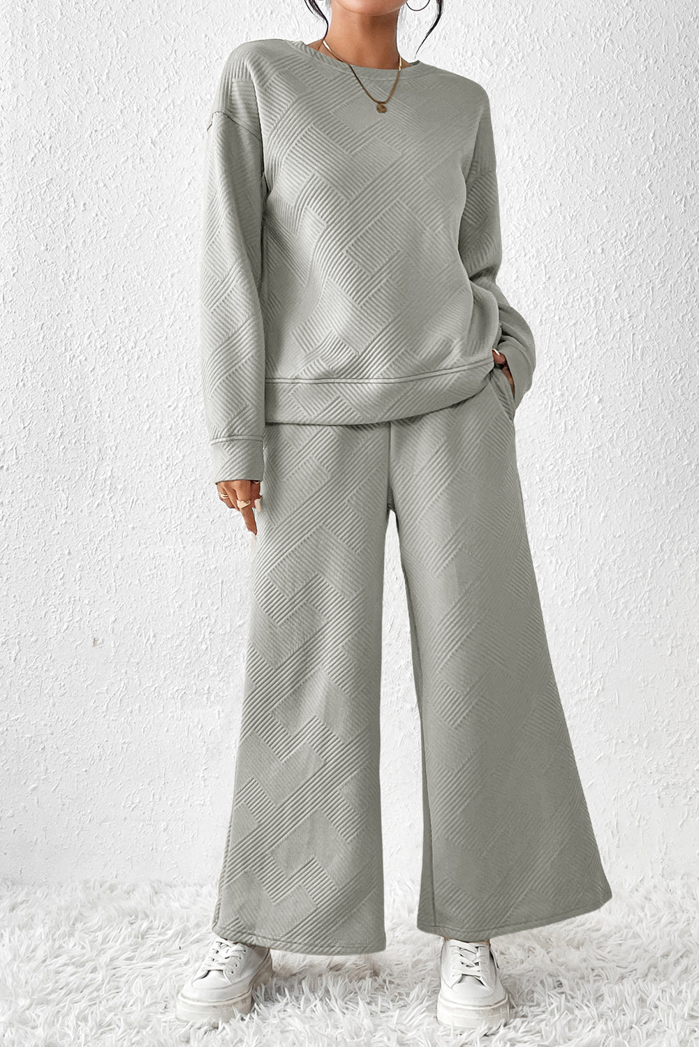 Textured Loose Slouchy Long Sleeve Top and Pants Set