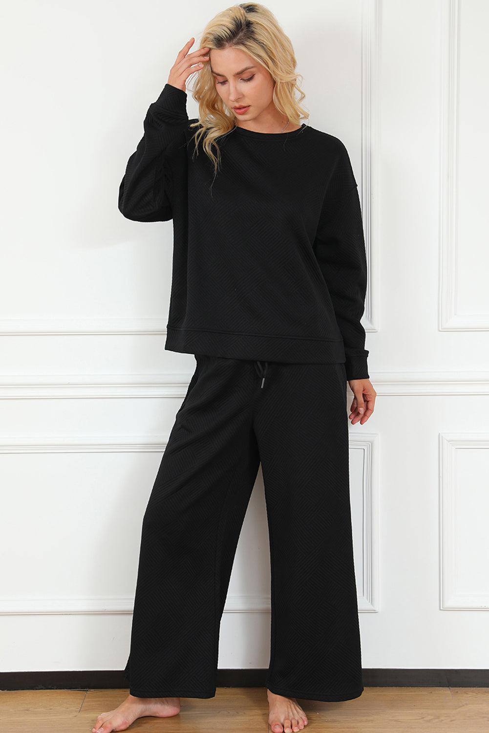 Textured Loose Slouchy Long Sleeve Top and Pants Set