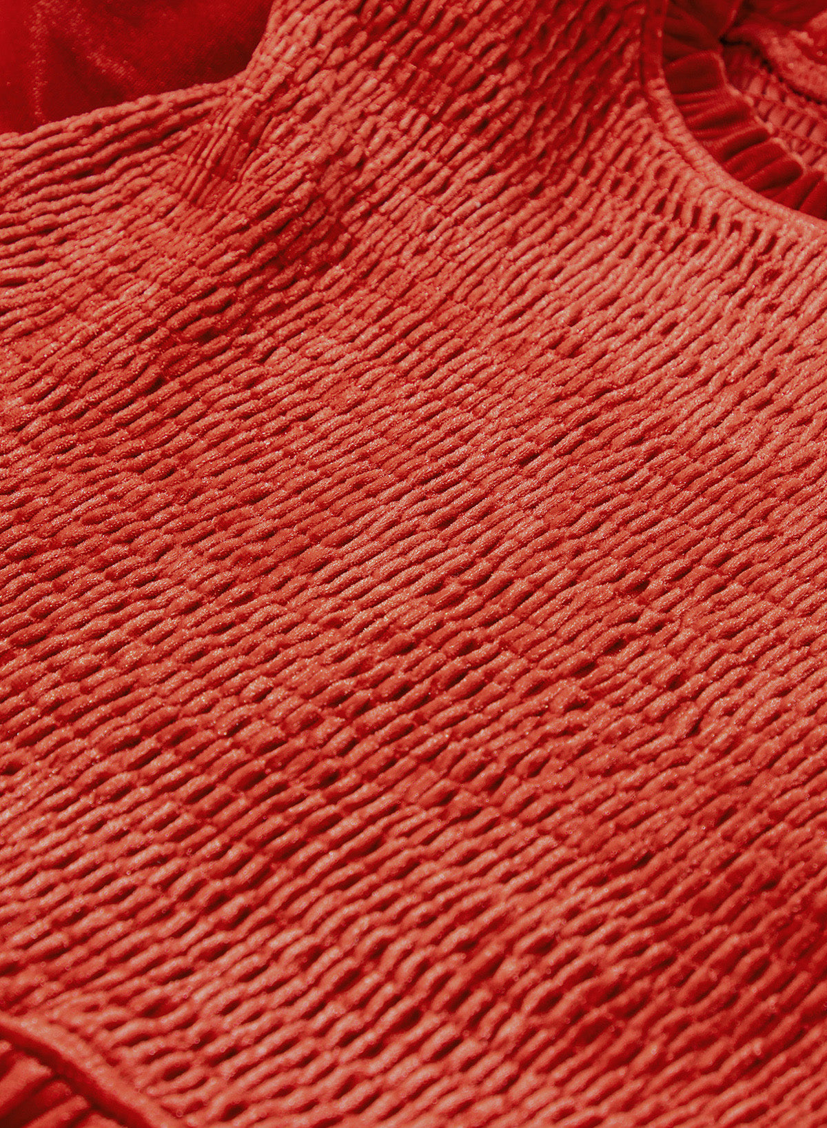 Red Smocked Lantern Sleeve Frilled Velvet Dress