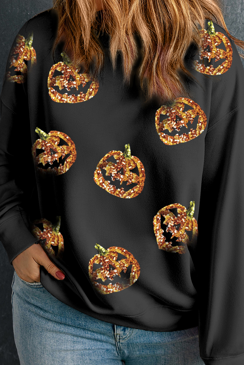 Apricot Sequin Pumpkin Face Graphic Plus Size Halloween Sweatshirt