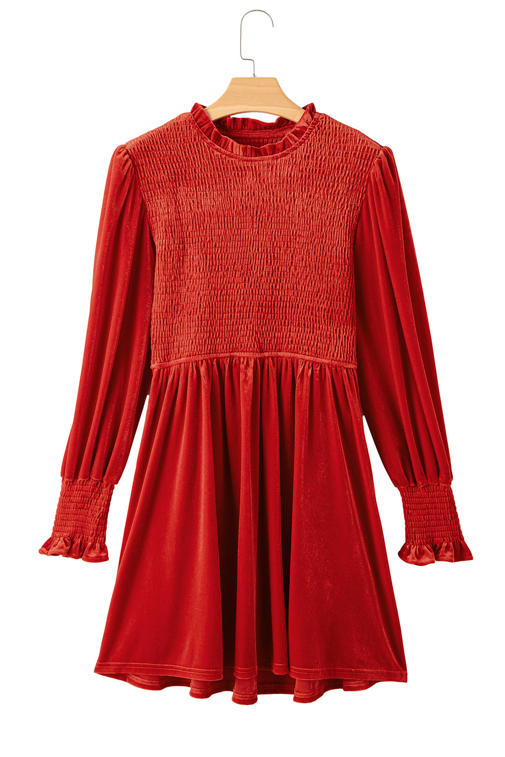Red Smocked Lantern Sleeve Frilled Velvet Dress