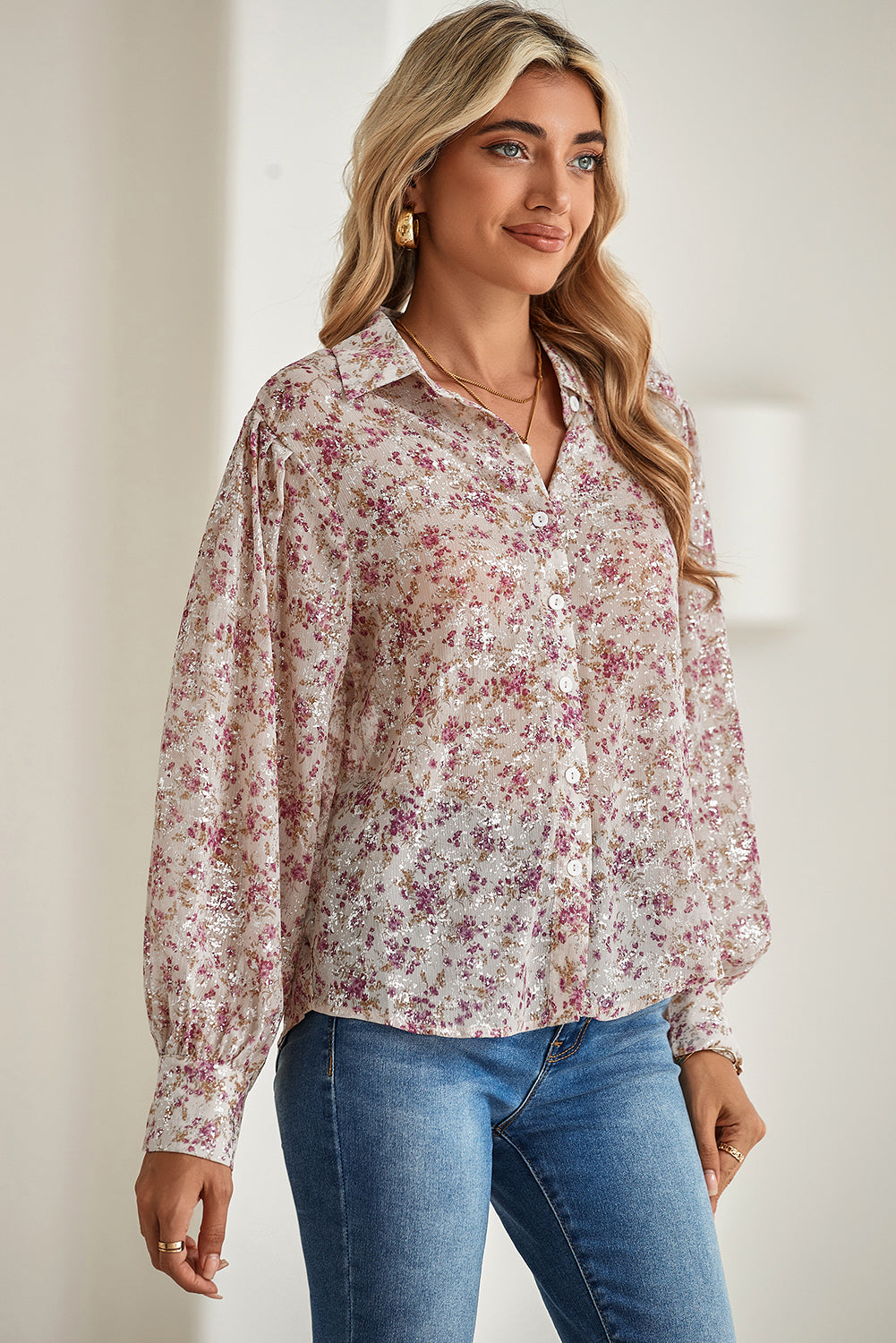 Pink Floral Bishop Sleeve Collared Blouse