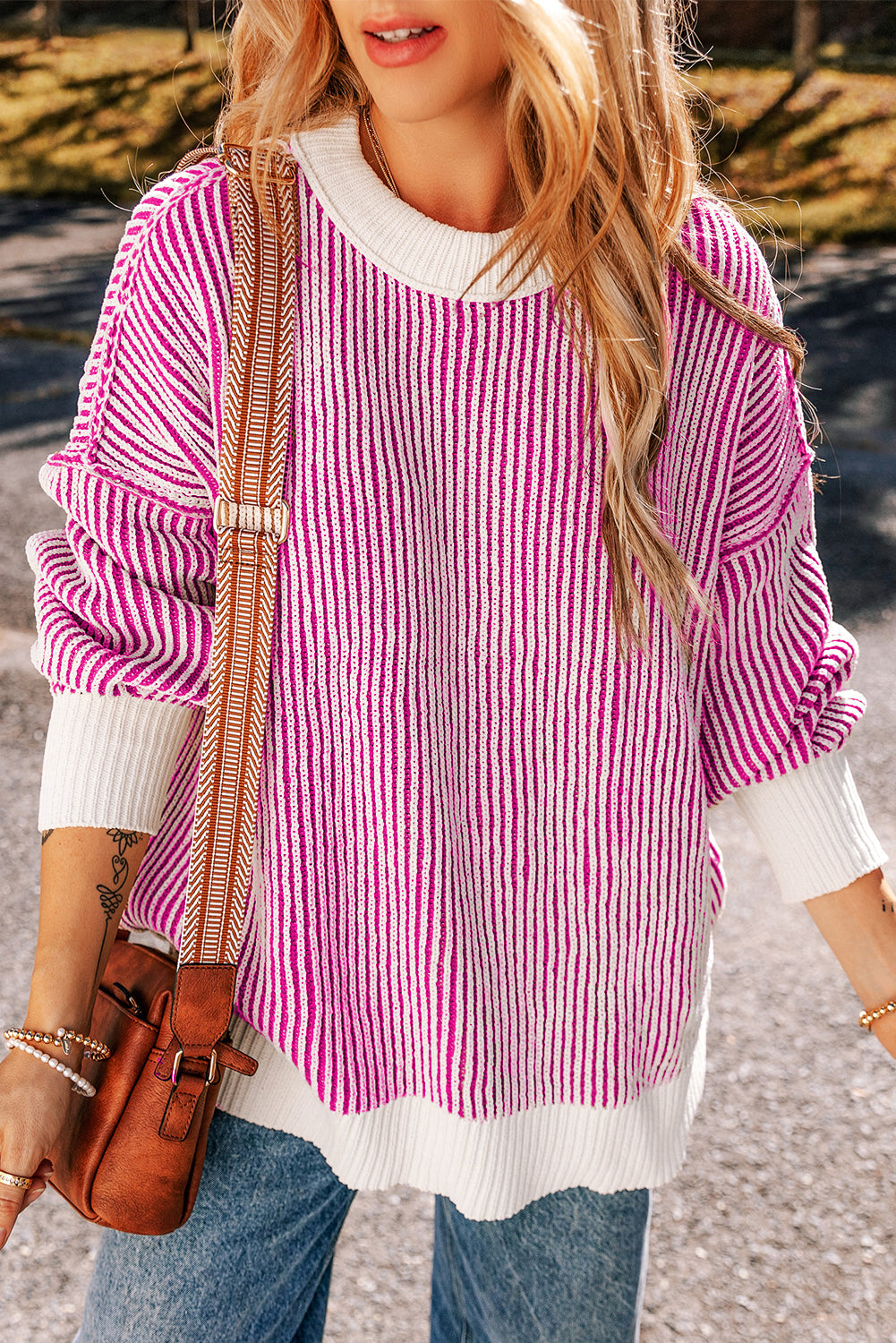 Pink Striped Textured Sweater