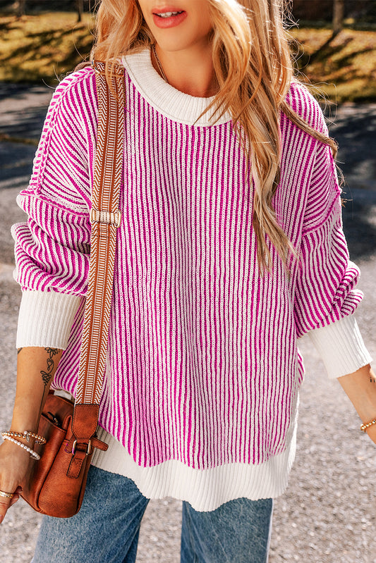 Pink Striped Textured Sweater