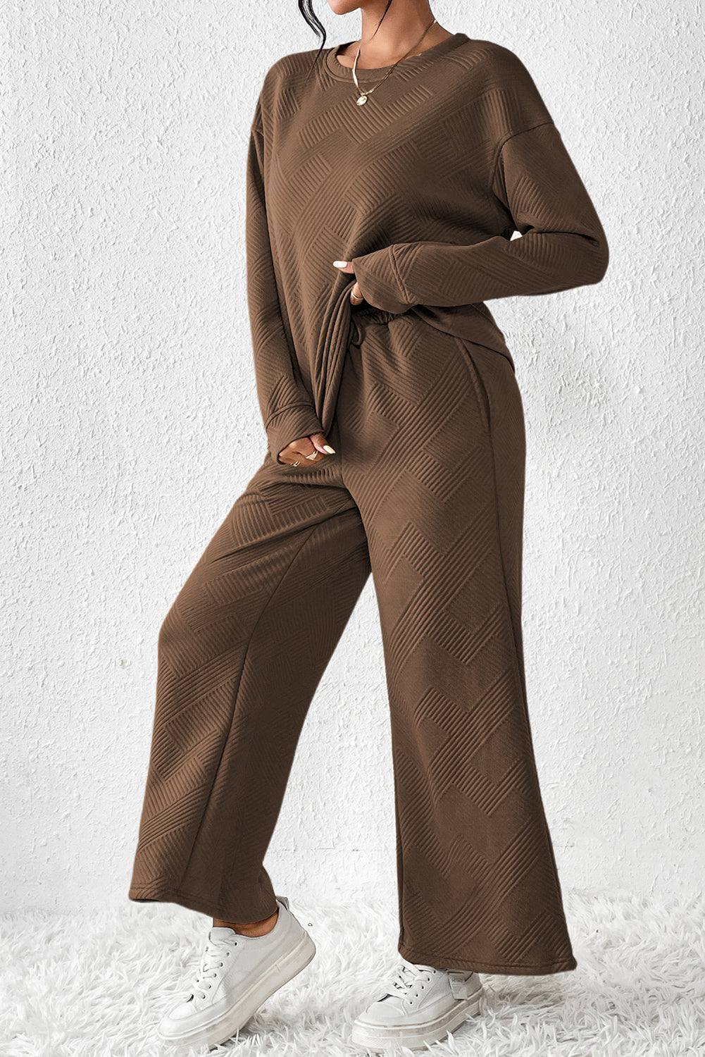 Textured Loose Slouchy Long Sleeve Top and Pants Set