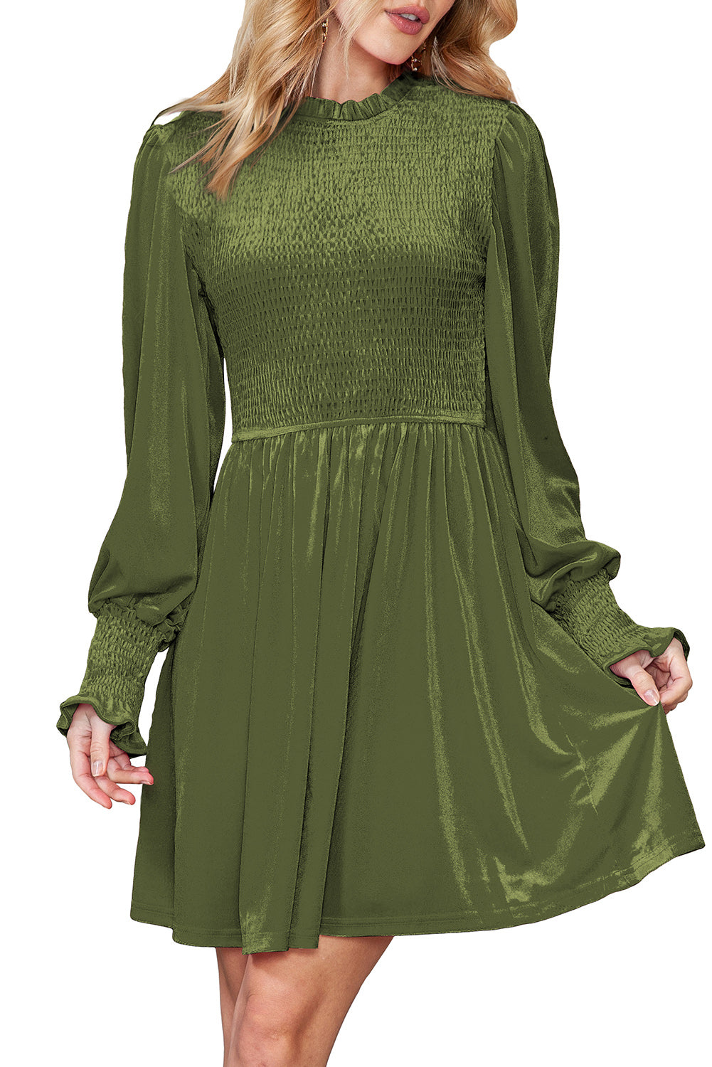 Red Smocked Lantern Sleeve Frilled Velvet Dress