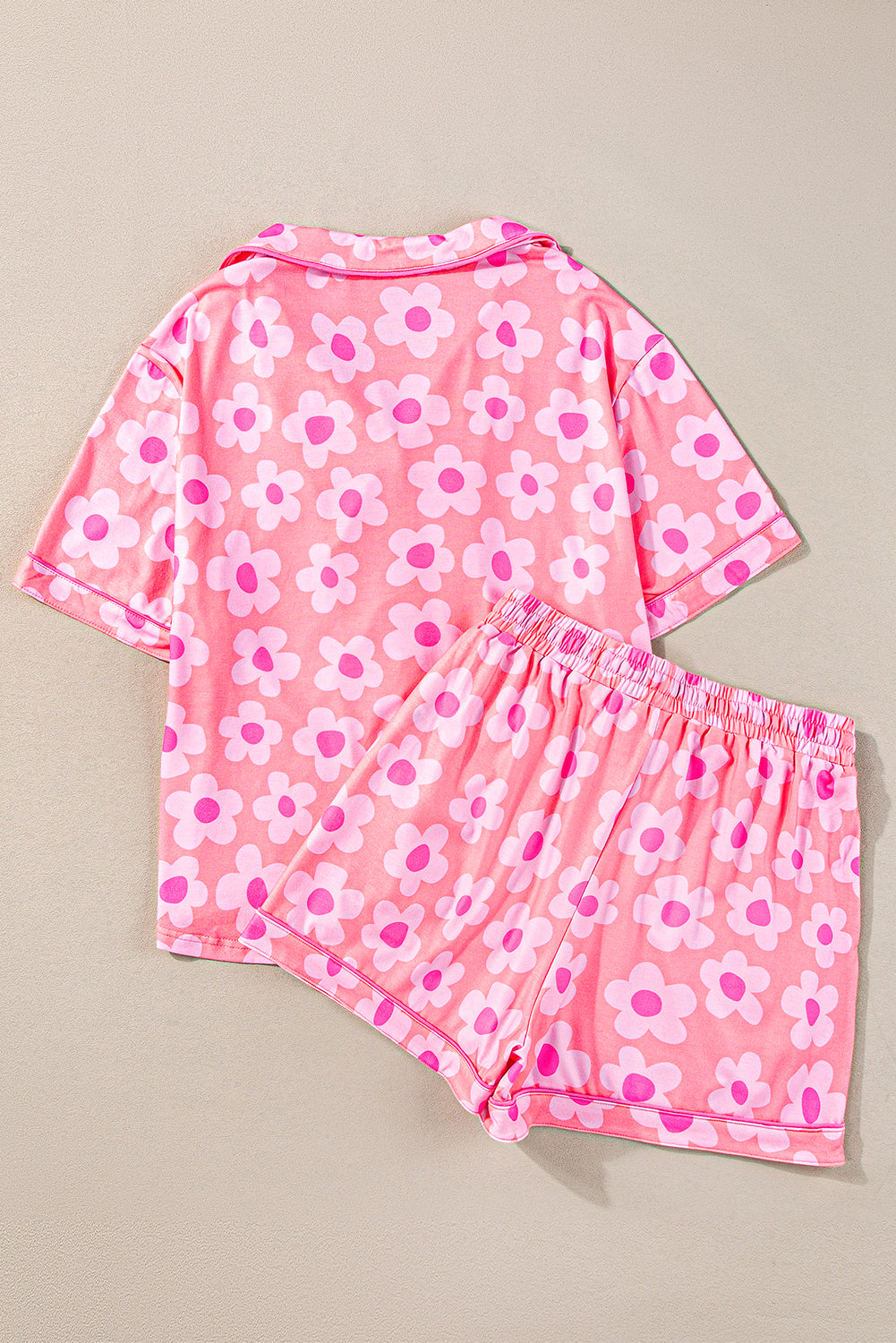 Pink Floral Print Short Sleeve Shirt Pajamas Set
