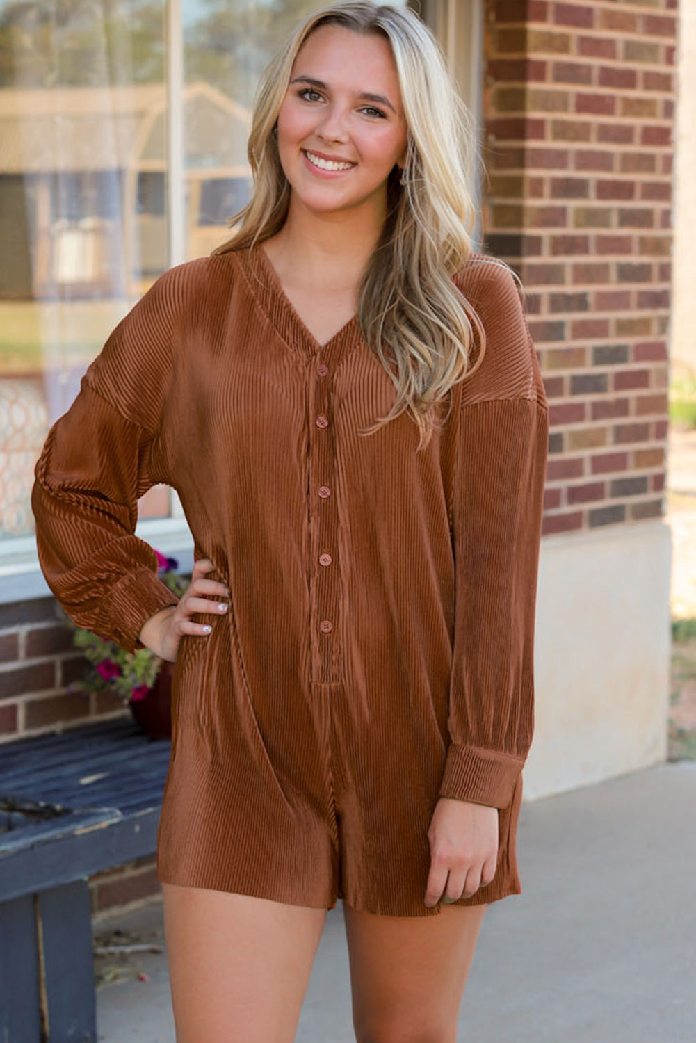 Cute Solid-Color Ribbed Textured Romper with Button-Up Closure