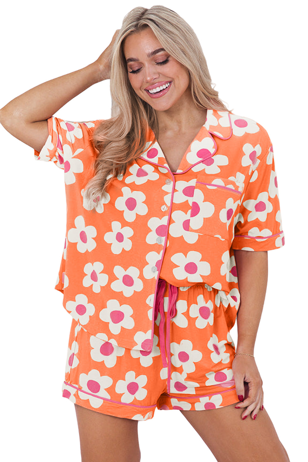 Orange Floral Print Short Sleeve Shirt Pajamas Set