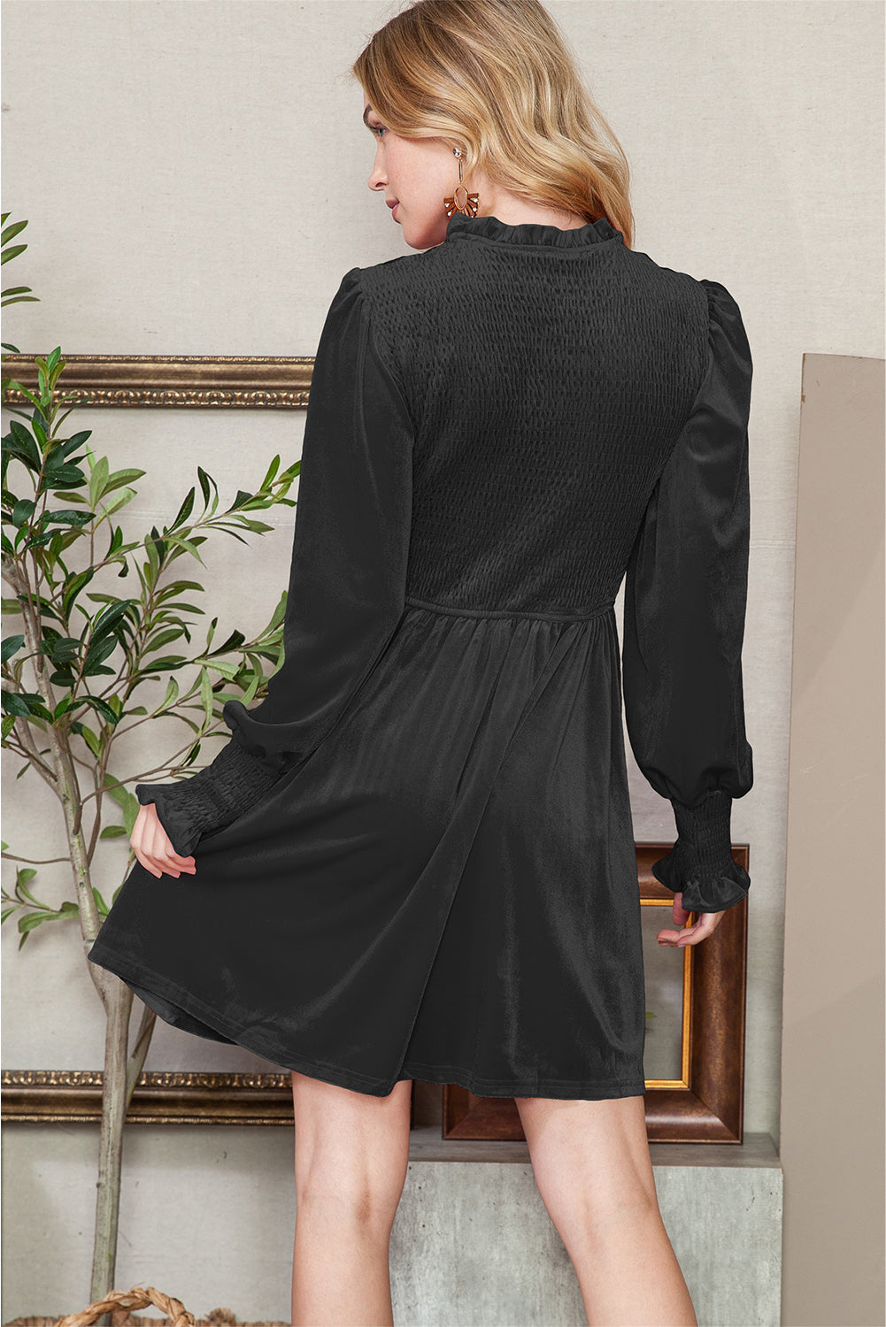Red Smocked Lantern Sleeve Frilled Velvet Dress