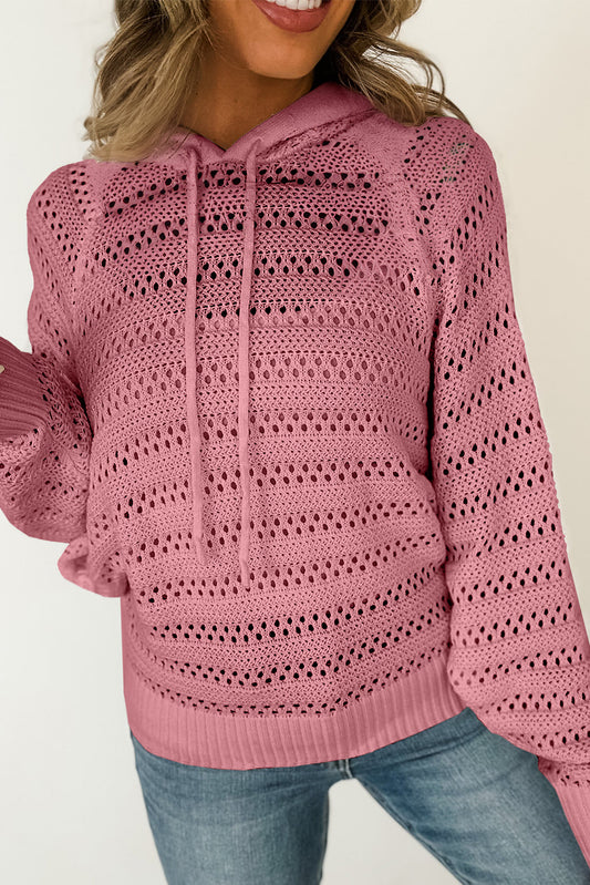 Chic Pointelle Knit Hoodie with Cozy Raglan Sleeves