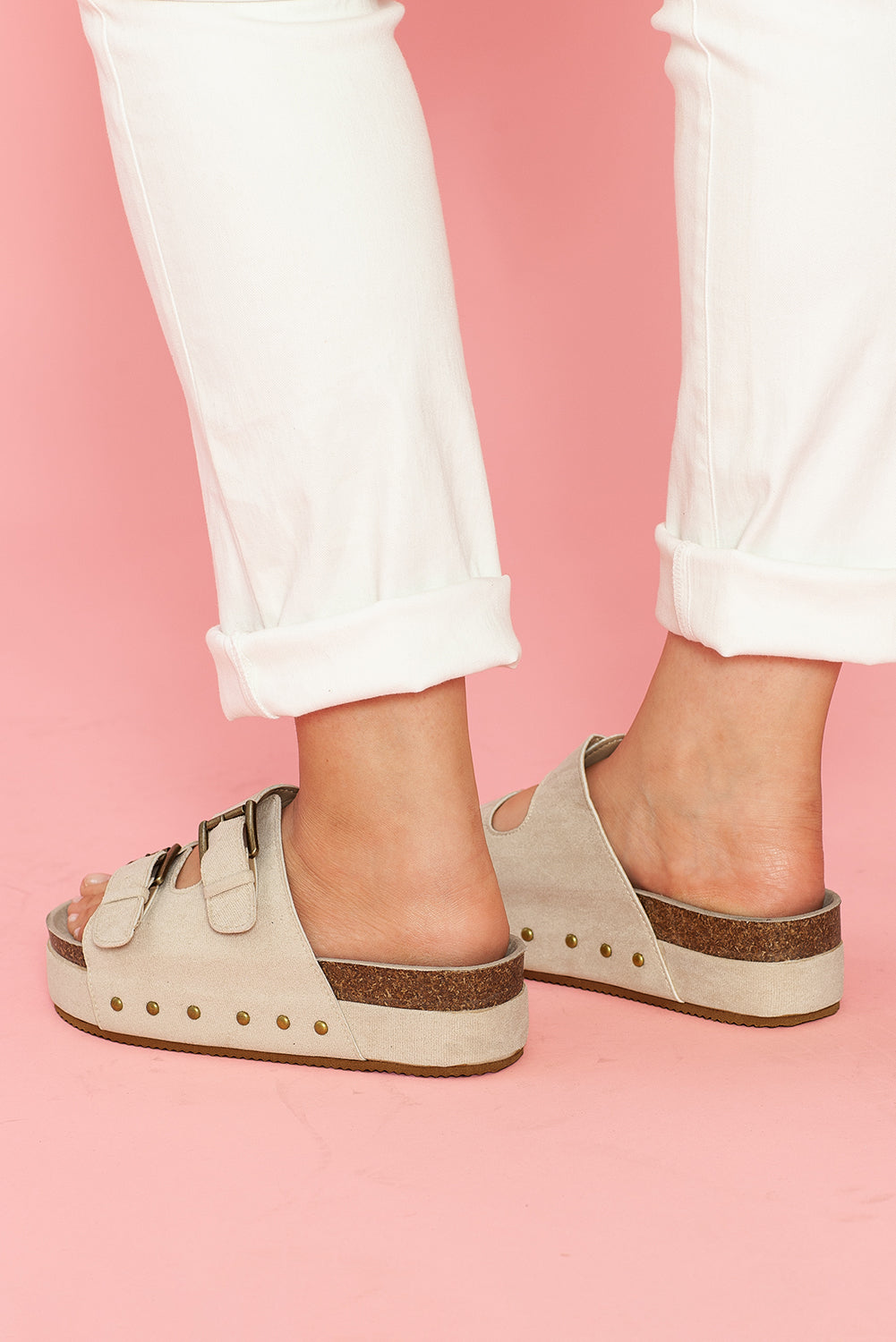 Suede Buckle Decor Corky Platform Slides