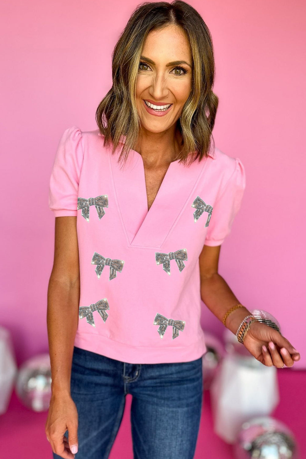 Pink Sequin Bow Knot Patched Graphic Collared Shirt