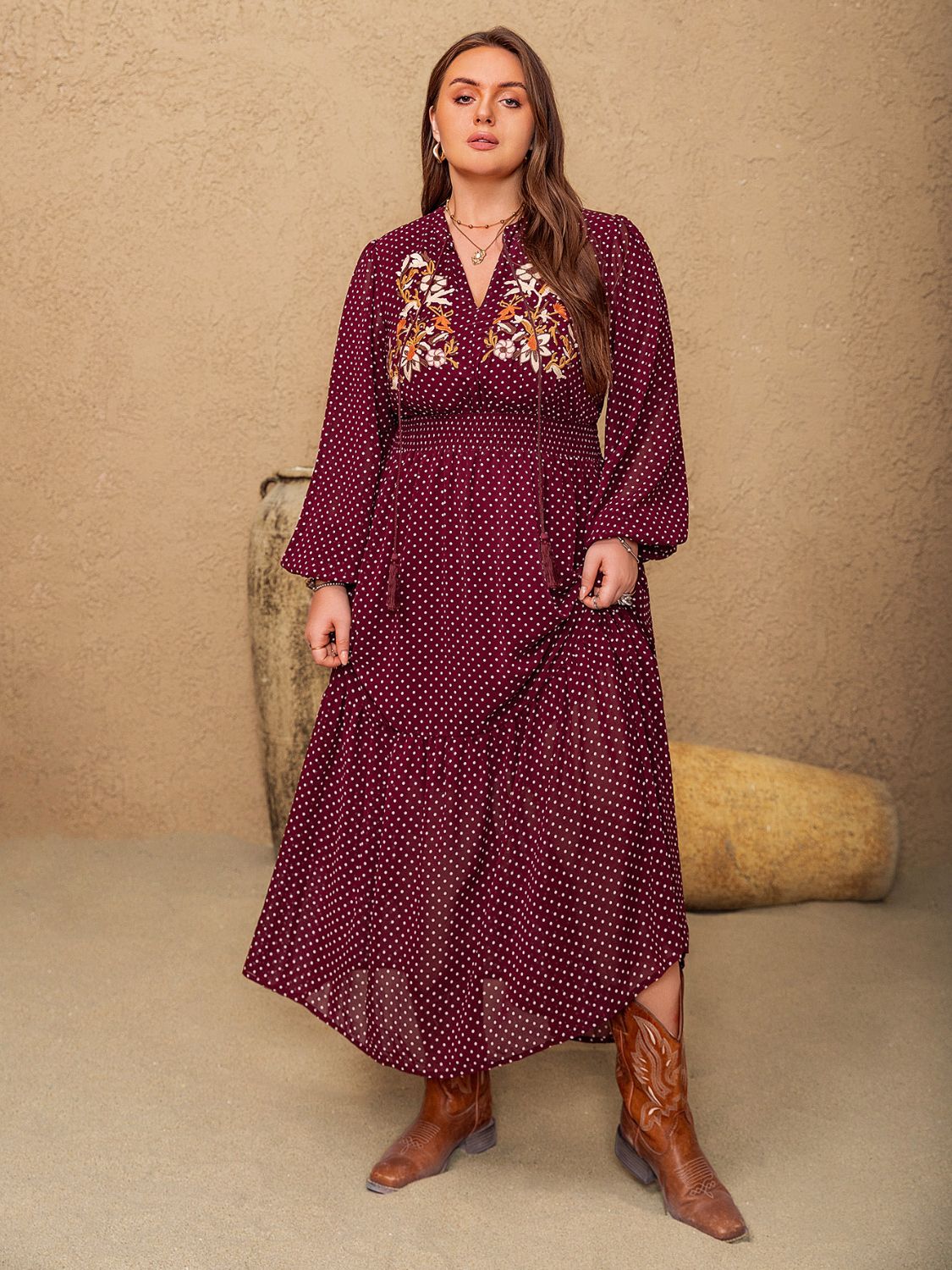 Boho Floral Embroidered Polka Dot Plus Size Midi Dress with Tie Neck