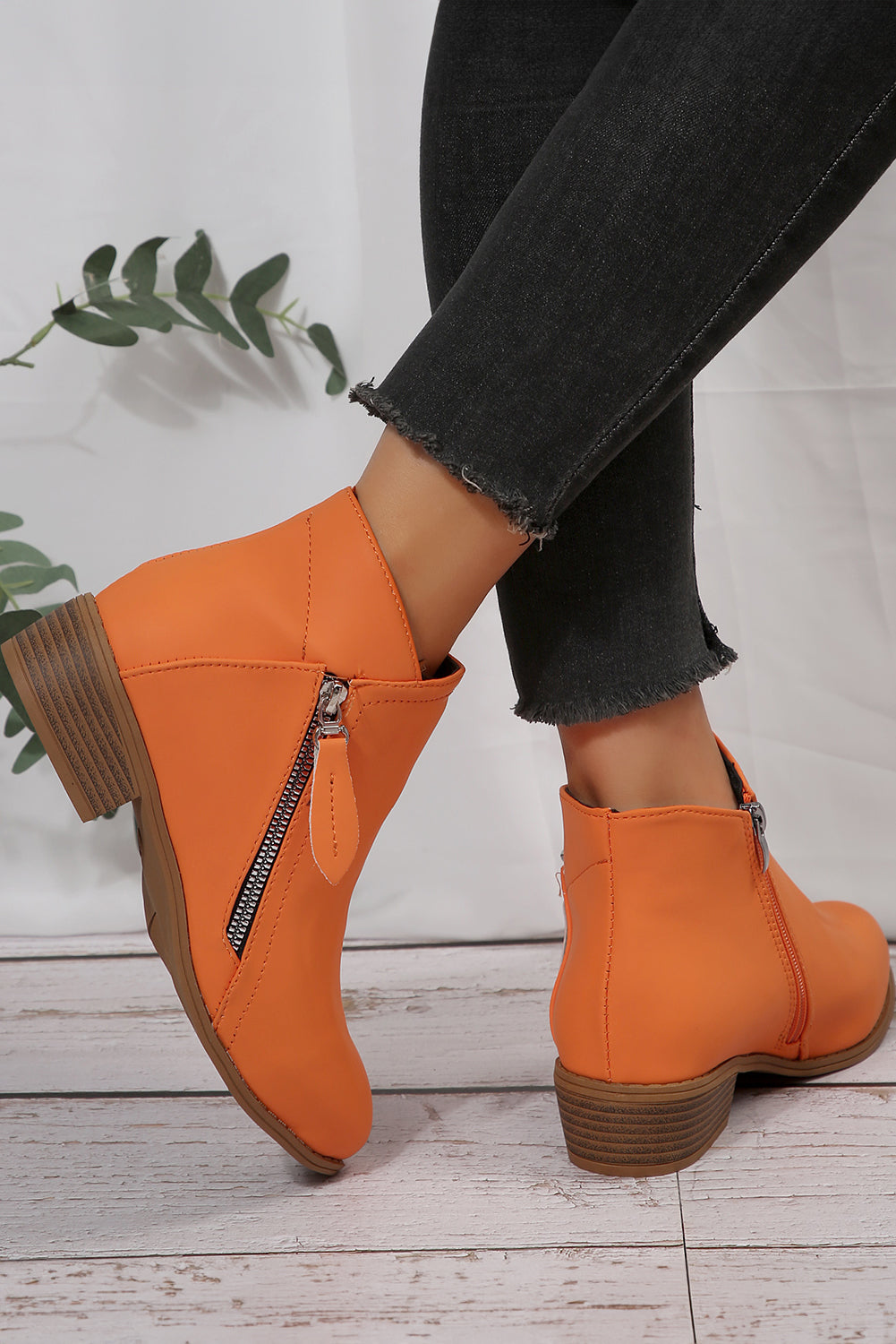 White Faux Leather Double Zip Low Heel Ankle Boots