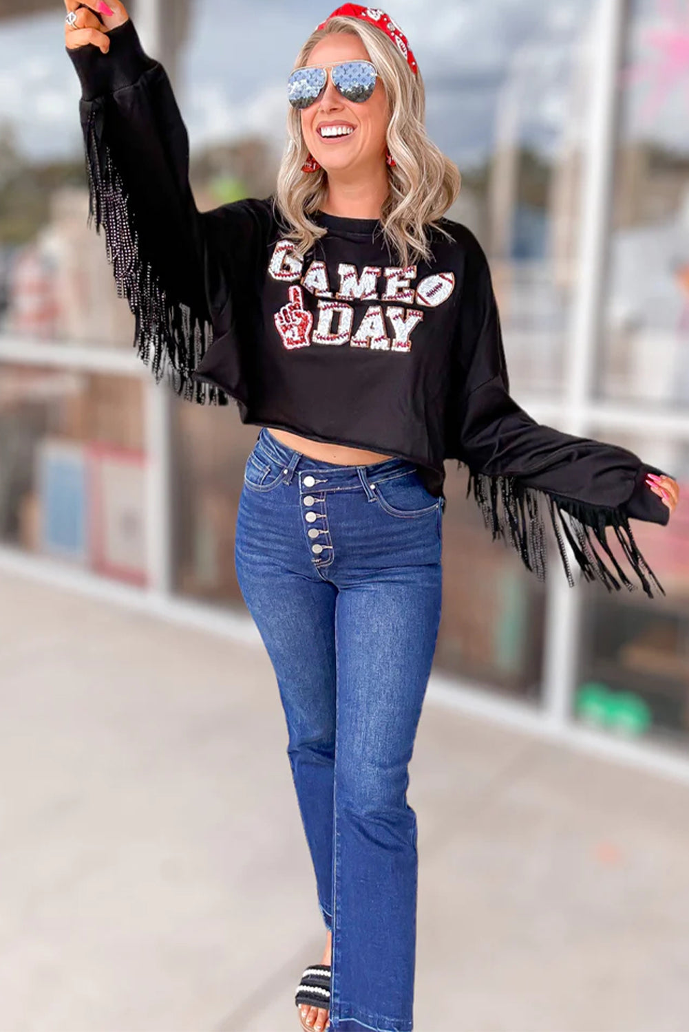 "GAME DAY" Cropped Sweatshirt with Sequins & Tassels