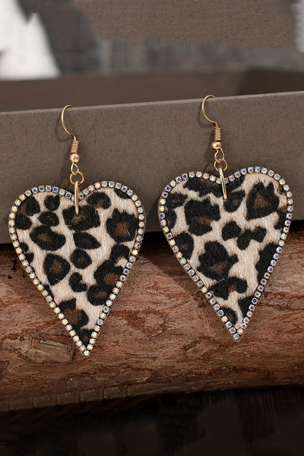 Bold Leopard Print Heart-Shaped Earrings with Sparkling Rhinestone Edges