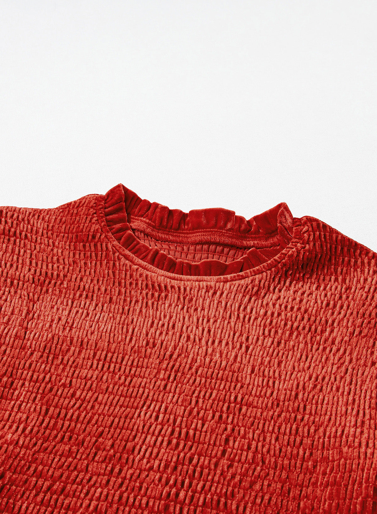 Red Smocked Lantern Sleeve Frilled Velvet Dress