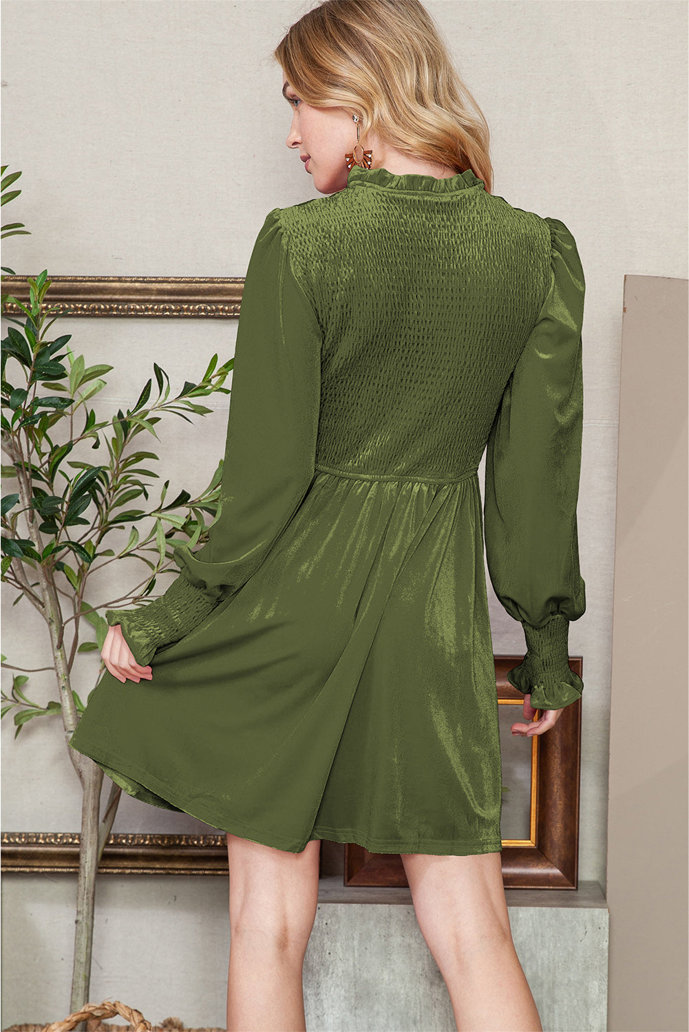 Red Smocked Lantern Sleeve Frilled Velvet Dress