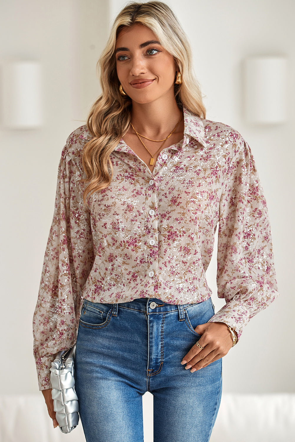 Pink Floral Bishop Sleeve Collared Blouse