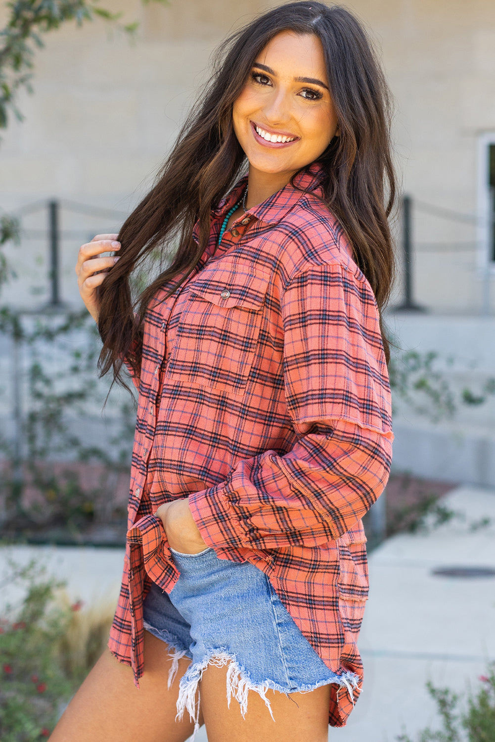 Plaid Long Sleeve Side Distressed Shirt