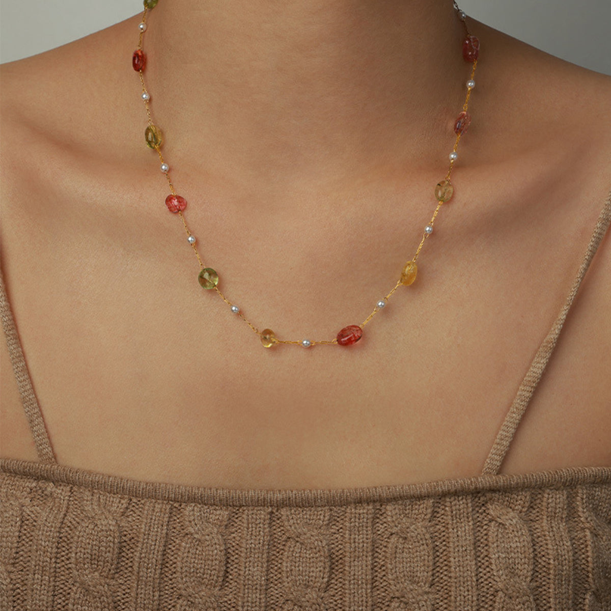 2-Piece Pearl & Natural Stone Necklace with Gold-Plated Beads and Oil Drip Charm