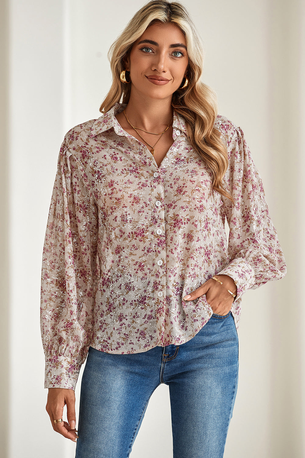 Pink Floral Bishop Sleeve Collared Blouse